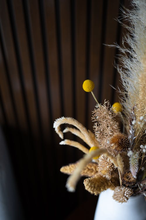 Close Up Photo of Dried Flowers in Ceramic Vase