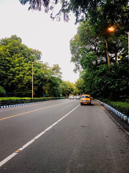 Free A quiet highway surrounded by lush greenery and moving cars during the day. Stock Photo