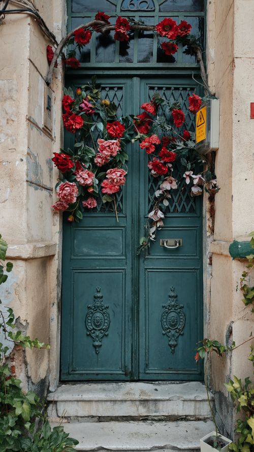 Free A charming green door adorned with red roses and greenery, adding elegance to an old stone facade. Stock Photo