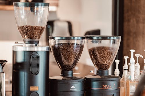 Roasted Coffee Beans in a Coffee Grinder Machine