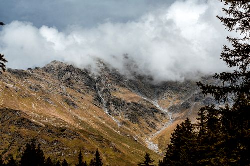 Free A breathtaking view of a mountain summit shrouded in clouds, surrounded by lush green trees. Stock Photo