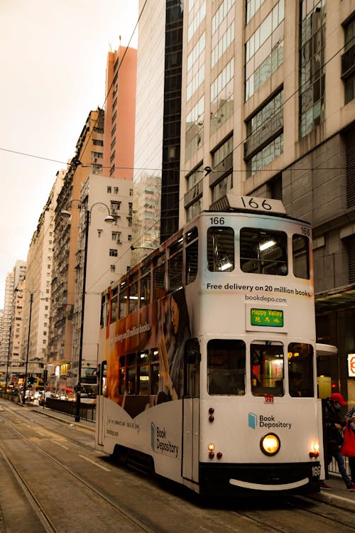 Tram on Rail Road Beside Buildings on a Downtown
