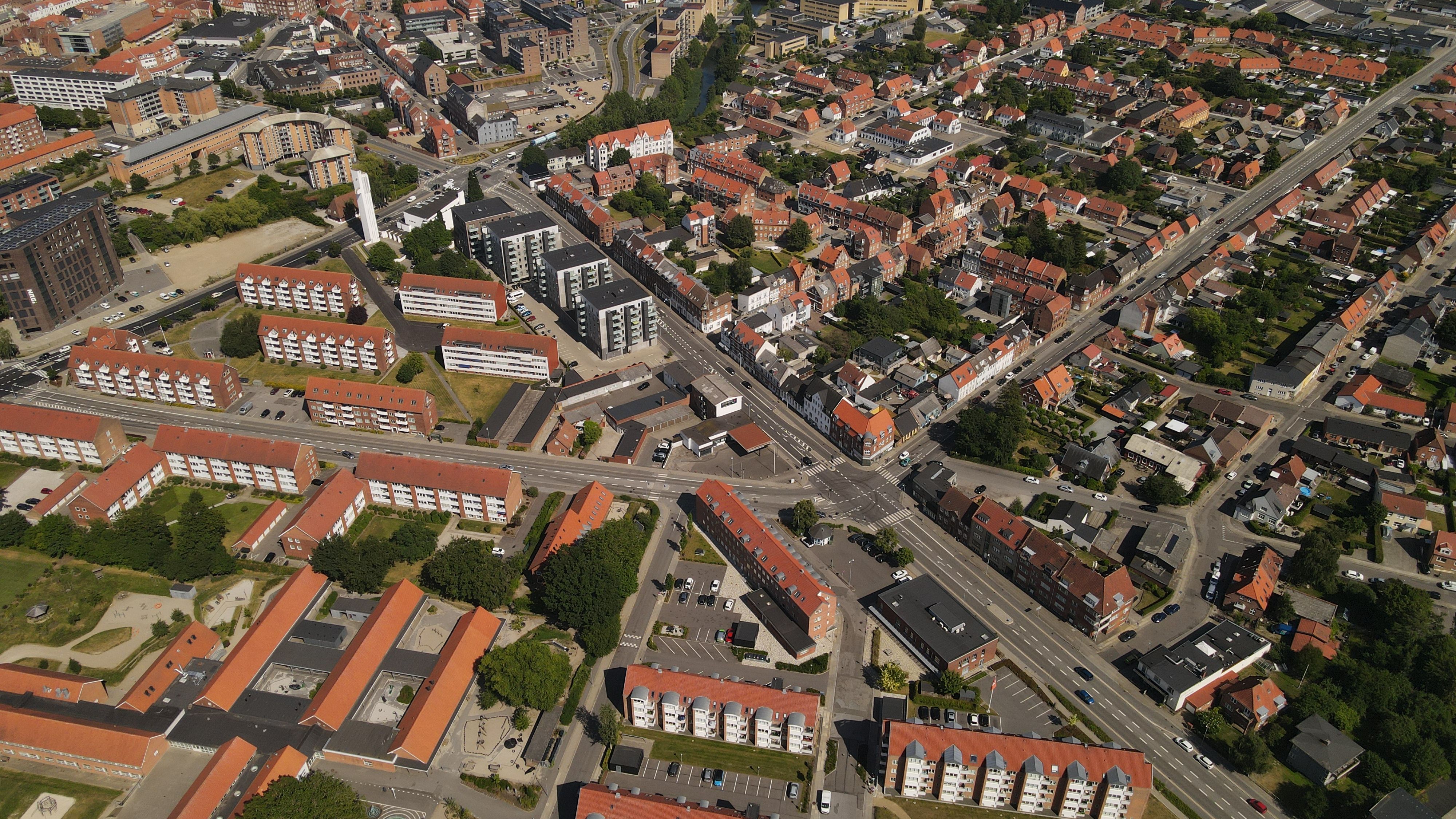 Aerial view of Horsens, Denmark showcasing urban landscape and modern architecture.