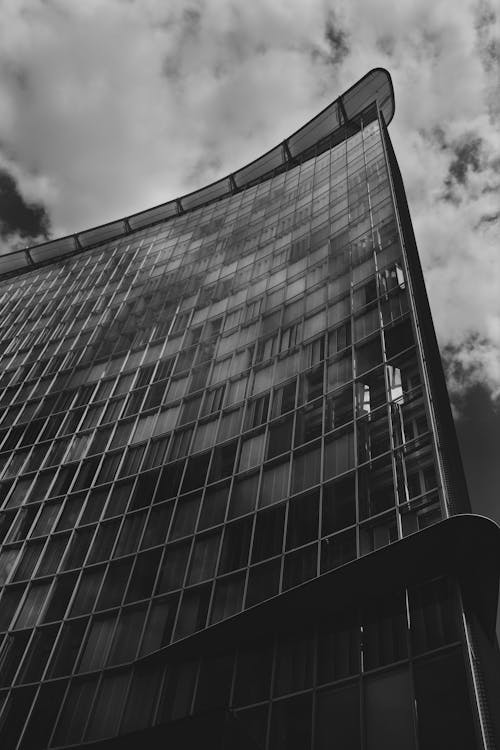 Grayscale Photo of a Glass Building