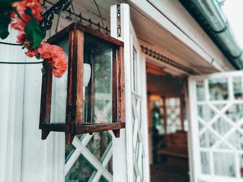 Wooden Lantern Hanging at the Doorway