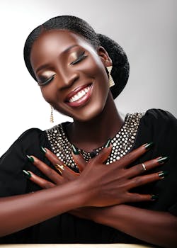 A joyful black woman with elegant makeup smiling with her arms crossed in a studio setting.