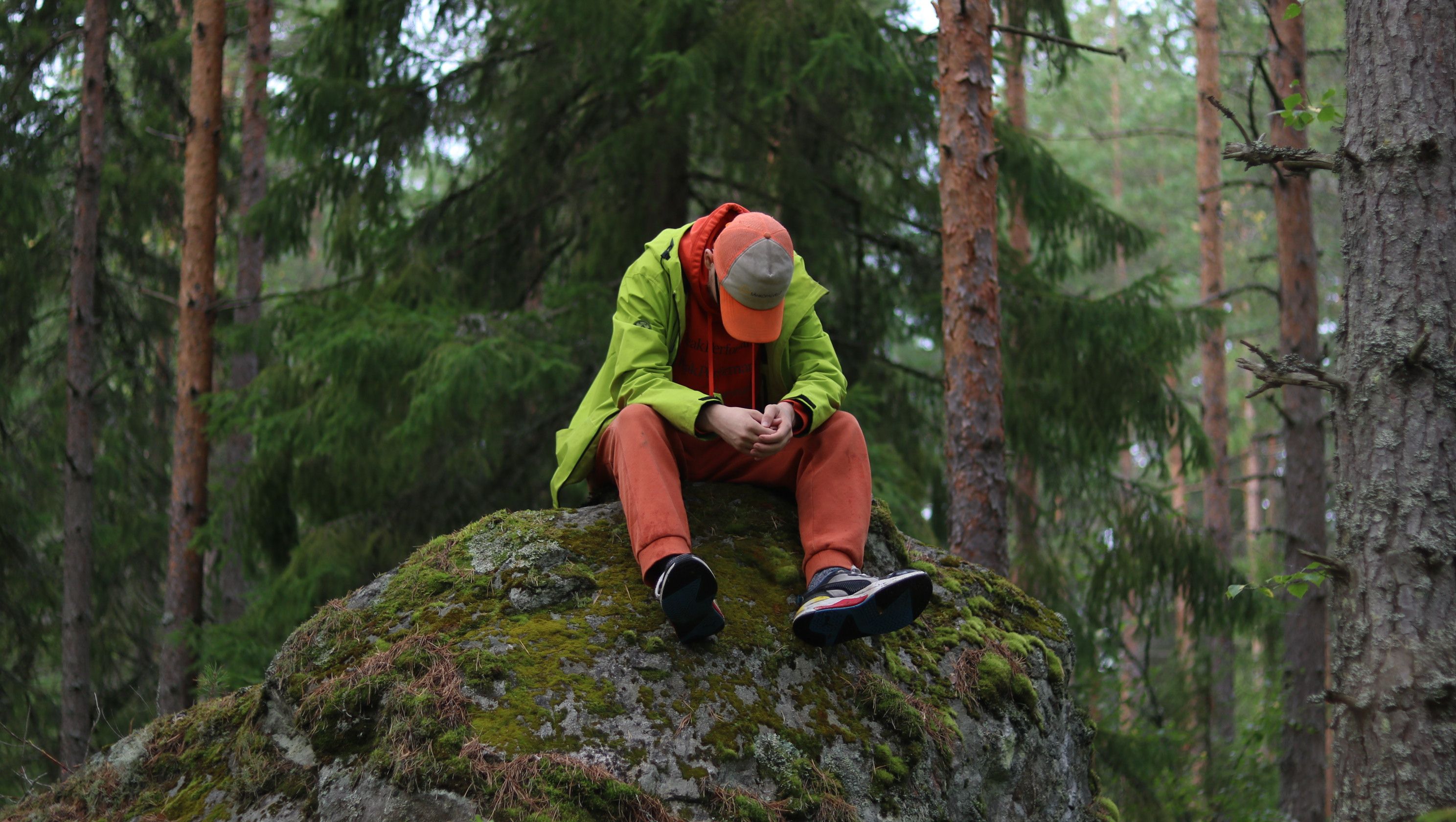 A man in outdoor clothing sits on a moss-covered rock surrounded by tall green trees, evoking tranquility and solitude.