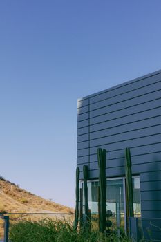 A minimalist building with tall cacti under a clear blue sky in a desert landscape.