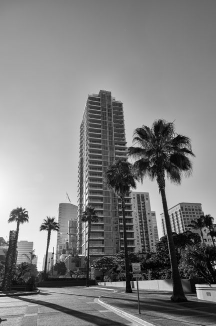 Grayscale image of high-rise buildings in urban San Diego cityscape.