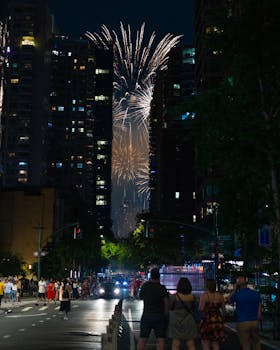 Stunning fireworks display between high-rise buildings in a vibrant New York City evening.