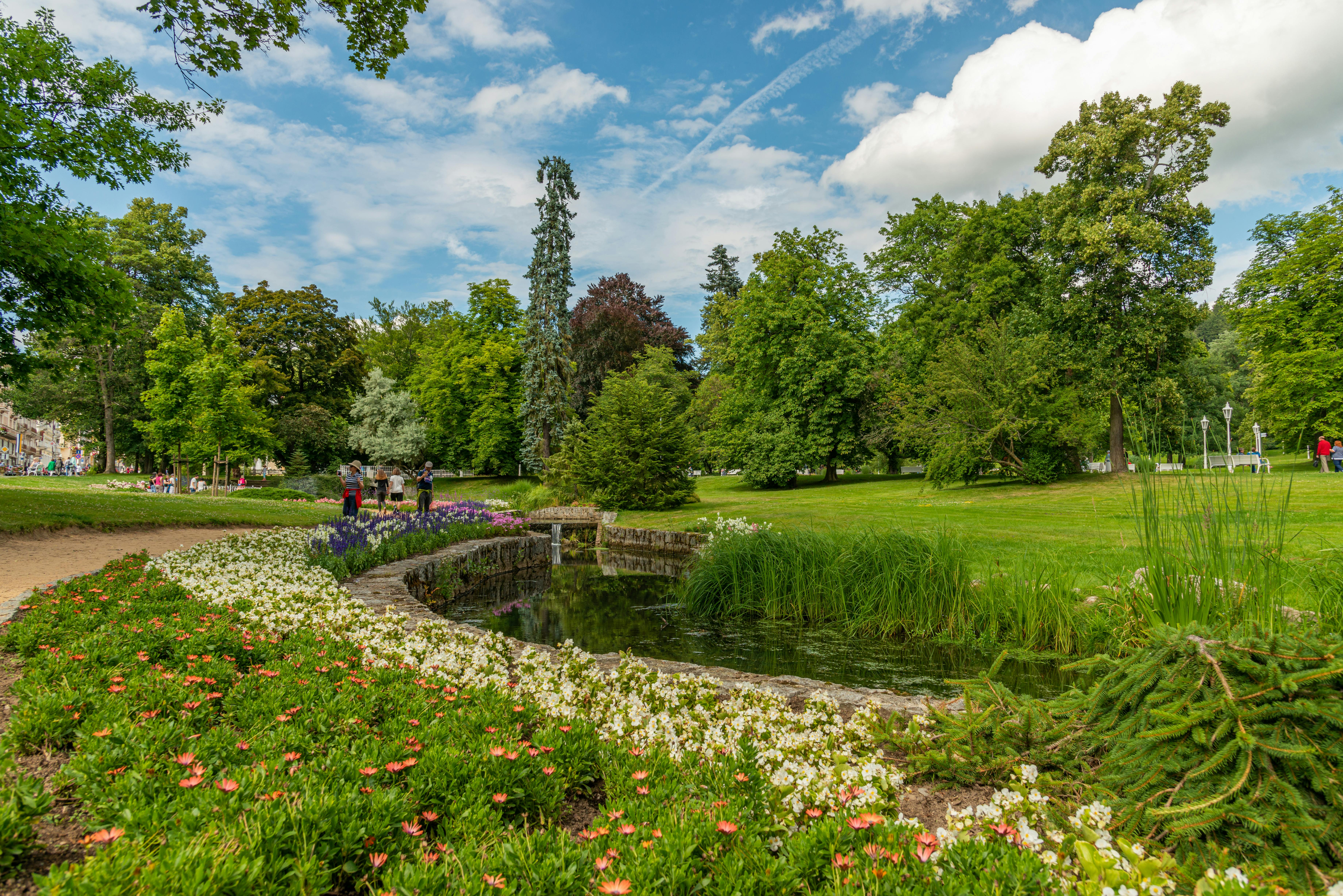 Pokojný park s farebnými kvetmi a potokom