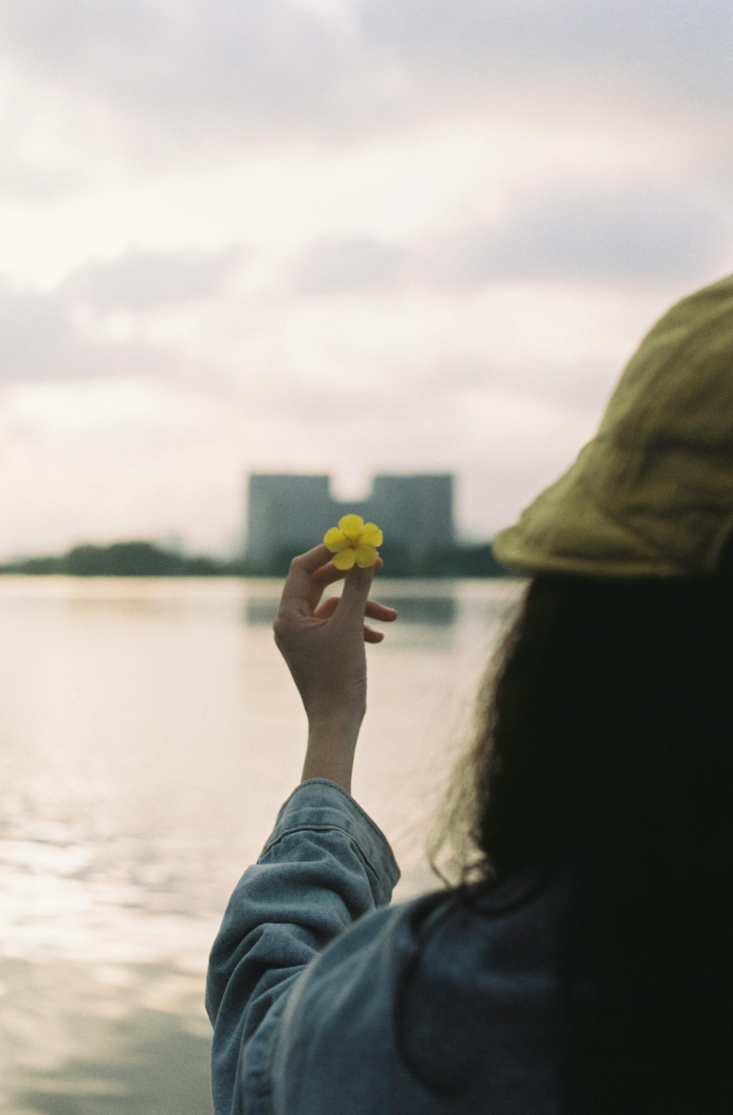 A serene moment by the lake with a yellow flower held up against the cloudy sky.