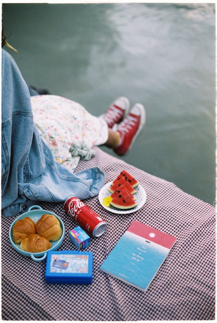 Woman Sitting On A Blanket With Food And Drinks On A Pier 