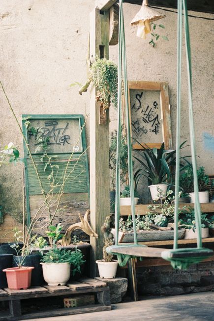 A charming rustic outdoor area with potted plants and a wooden swing creating a cozy ambiance.