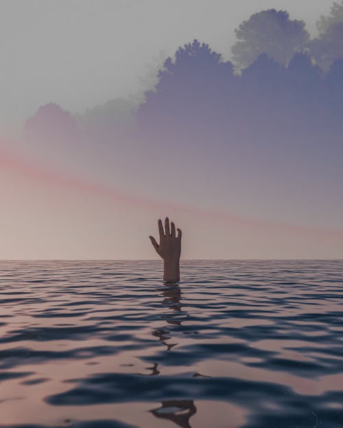 Raised Hand or a Person Sticking Out of the Sea at Sunset 
