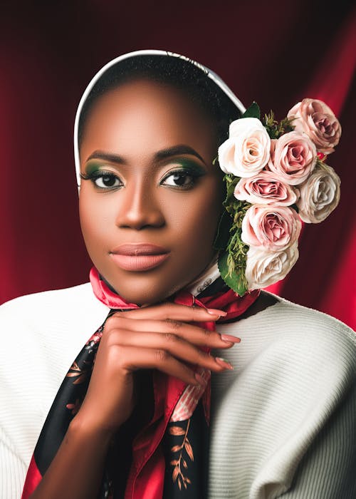 Portrait of a Woman Wearing Headband with Pink Roses 