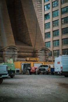 View of a construction site in a city, featuring machinery and trucks near a building.