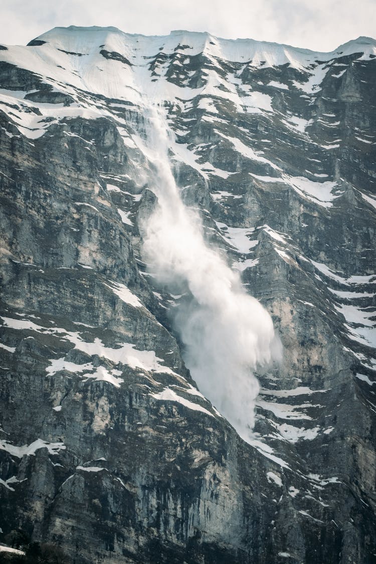 Small Snow Avalanche From A Rock Mountain