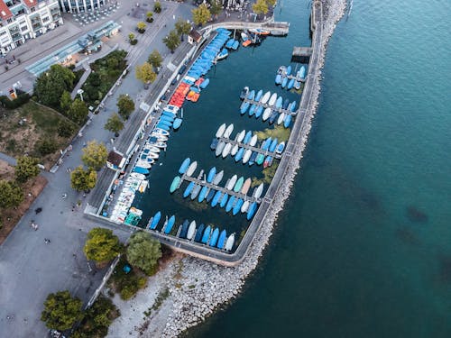 Drone Shot of Docked Watercrafts at a Marina