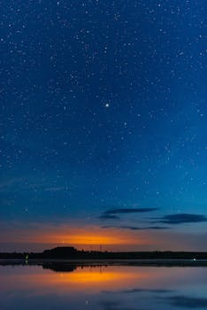 A serene view of the starry night sky reflecting over water in Mogilev, Belarus.