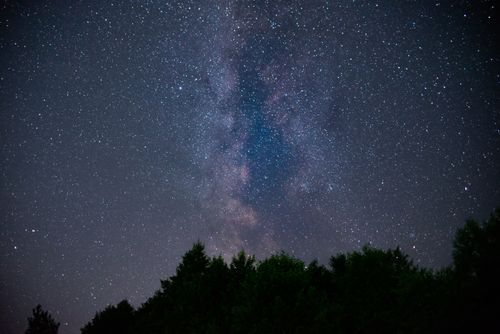 Free The Milky Way beautifully captured over a serene forest in Mogilev, Belarus. Stock Photo