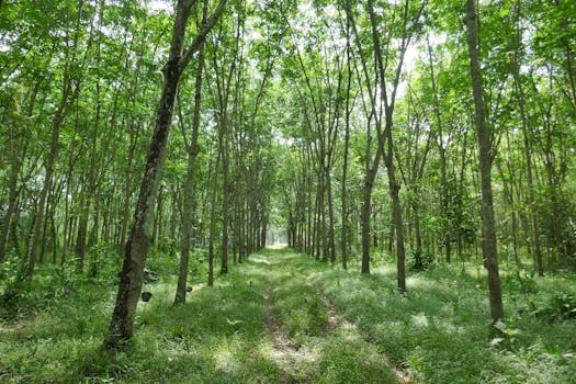 A serene forest pathway lined with vibrant green trees, capturing the essence of summer.