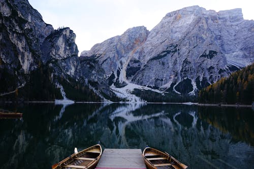 Wooden Dock on Lake Near Mountain