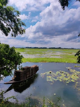 Serene landscape of the Padma River in Dhaka, featuring a traditional boat and lush greenery.