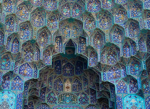 Stunning blue mosaic tilework in an Islamic mosque in Isfahan, Iran.