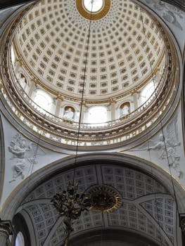 Elegant low angle view of Puebla Cathedral's intricate dome interior highlighting architectural grandeur.