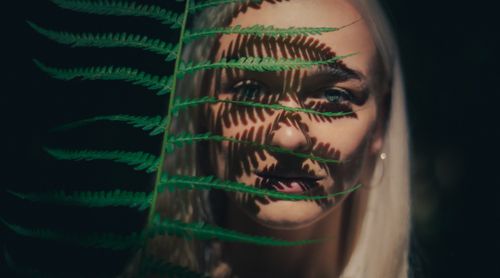 Free Close-up portrait of a woman with fern leaf shadows on her face, creating an artistic and mysterious effect. Stock Photo
