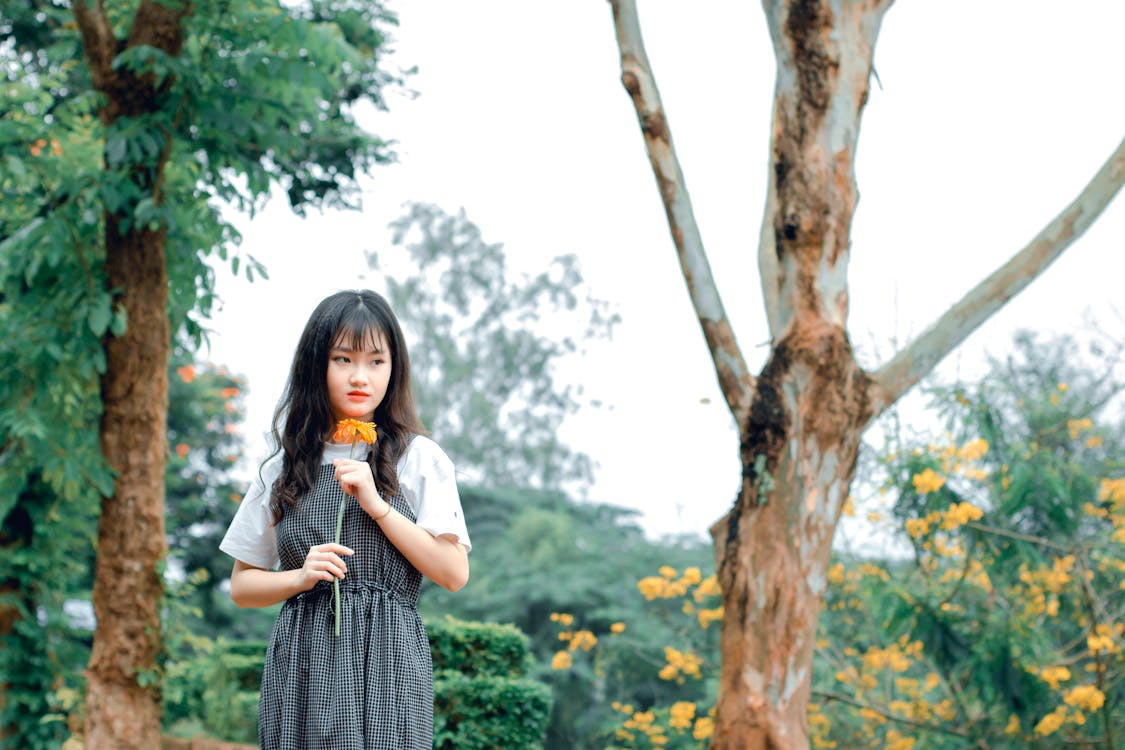 Woman Holding Orange Flower While Standing Outdoors