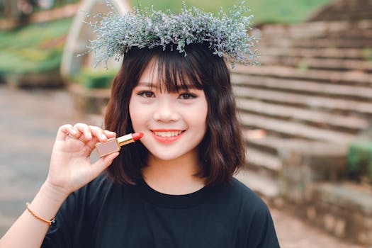 Young woman with a flower crown smiling and holding lipstick outdoors.