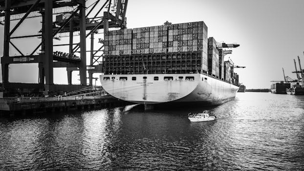 Black and white image of a cargo ship at Hamburg port, highlighting industrial scale.