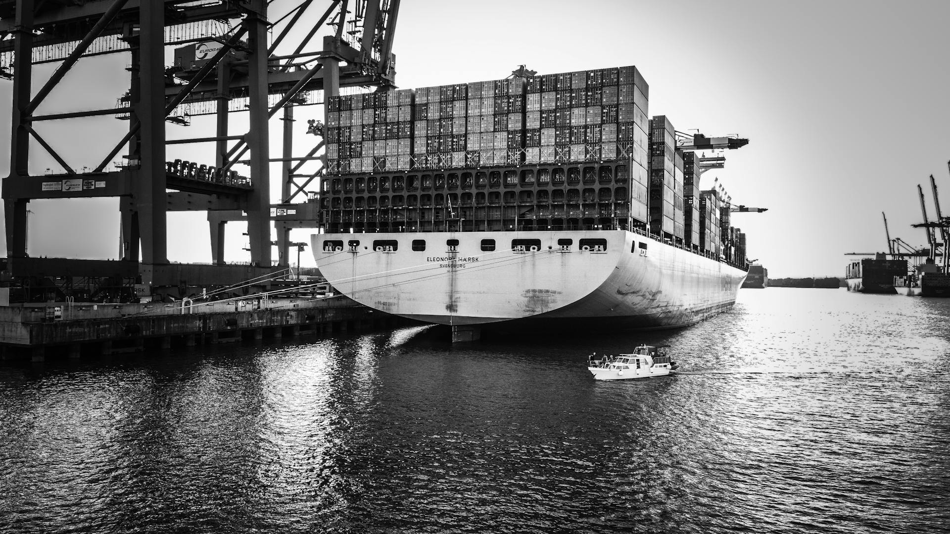 Black and white image of a cargo ship at Hamburg port, highlighting industrial scale.