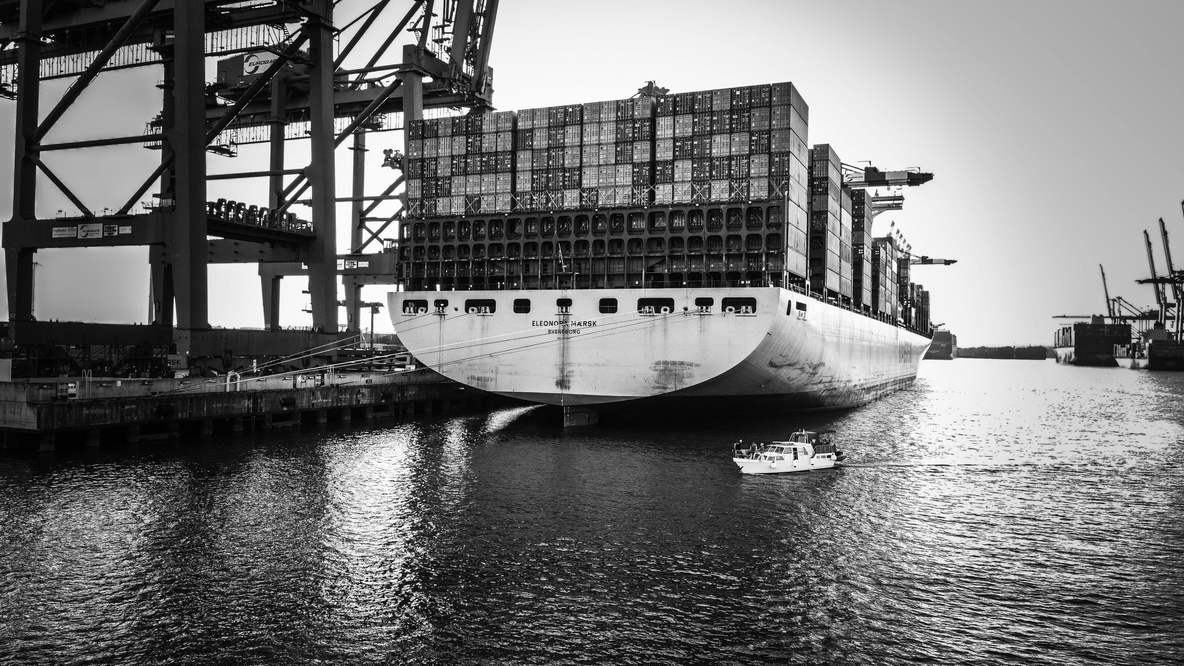 cargo ship black and white
