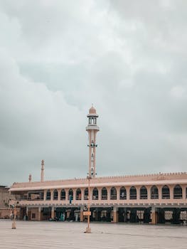 A picturesque view of Boating Basin Mosque under a cloudy sky in Karachi, Pakistan.