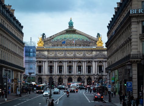 Iconic view of the Opera Garnier in Paris with bustling street and vibrant urban life.