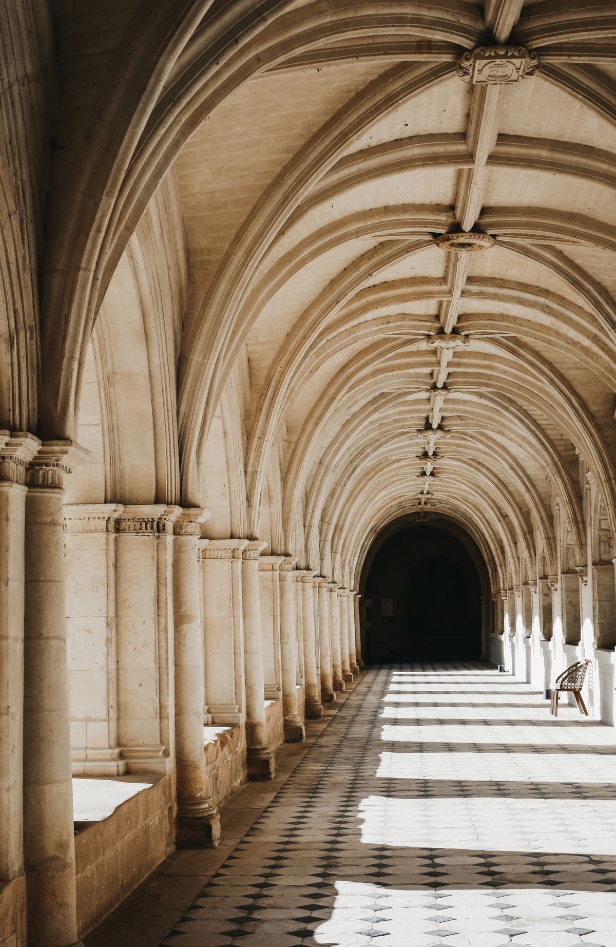 A sunlit vaulted cloister gallery