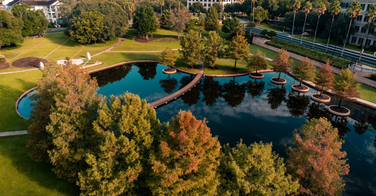 Beautiful aerial view of a park with a pond in Lake Mary, Florida, showcasing autumn foliage.