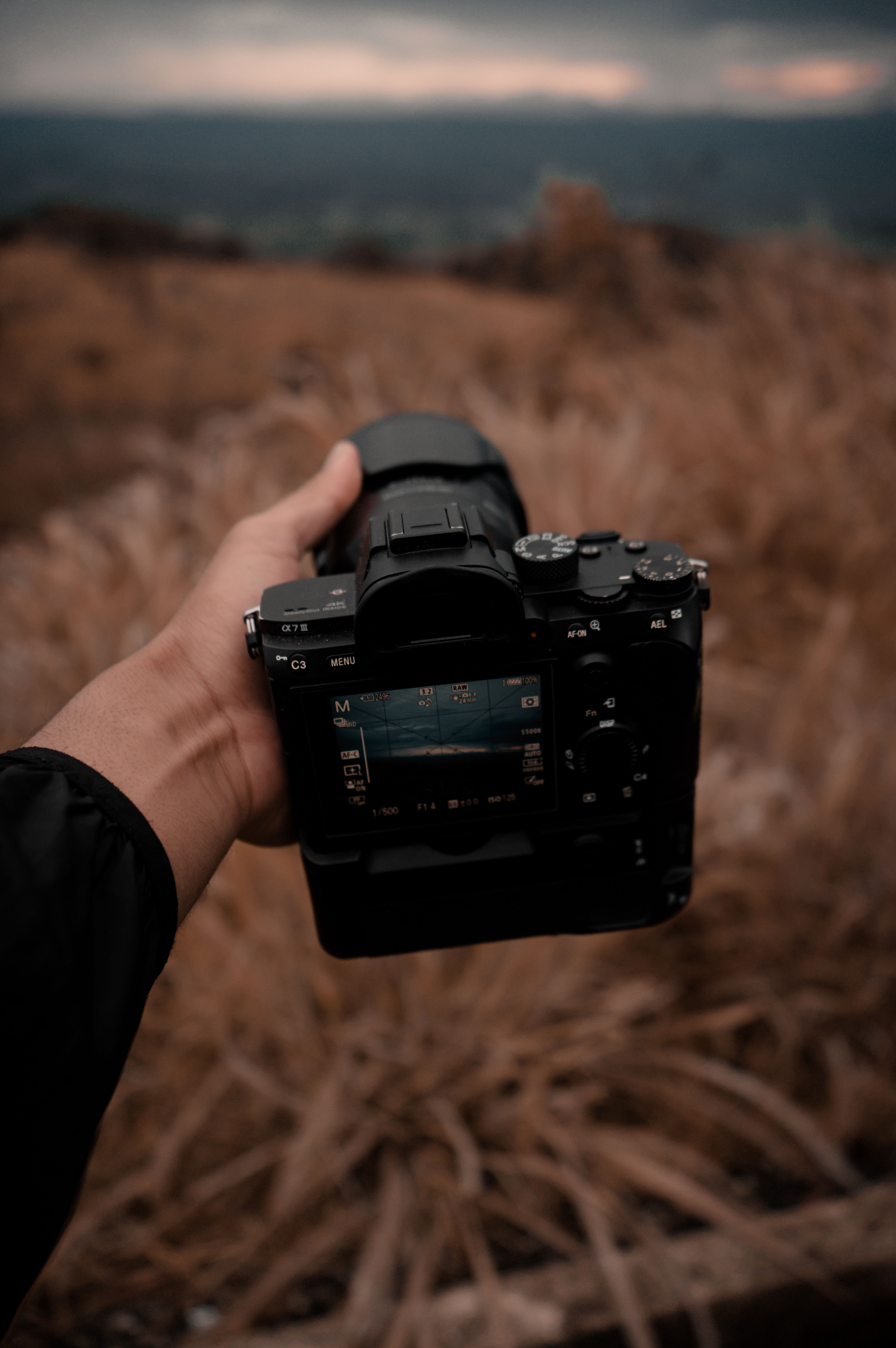 Close-up of a hand holding a camera against a rugged Chiapas landscape.