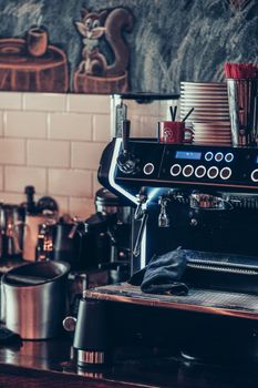 Close-up of a stylish espresso machine in a trendy cafe setting, perfect for coffee lovers.