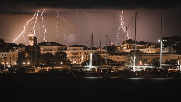 Lightnings by the Harbor at Night 