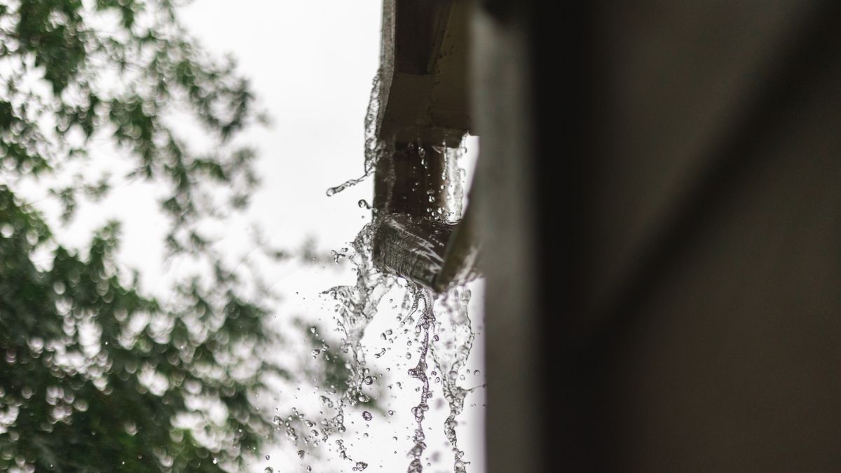 Rainwater pouring from a gutter during a storm. Too few downspouts make gutters overflow at the corners.