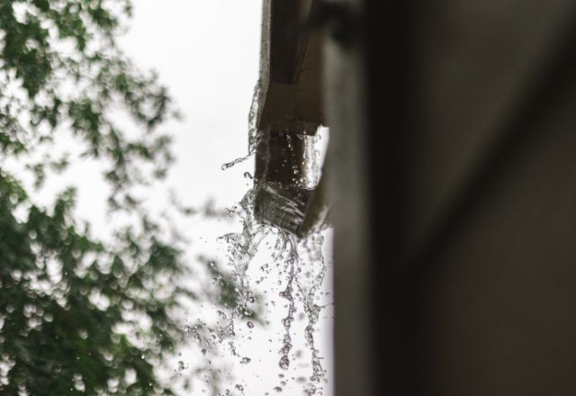 Rainwater pouring out of a gutter in Houston