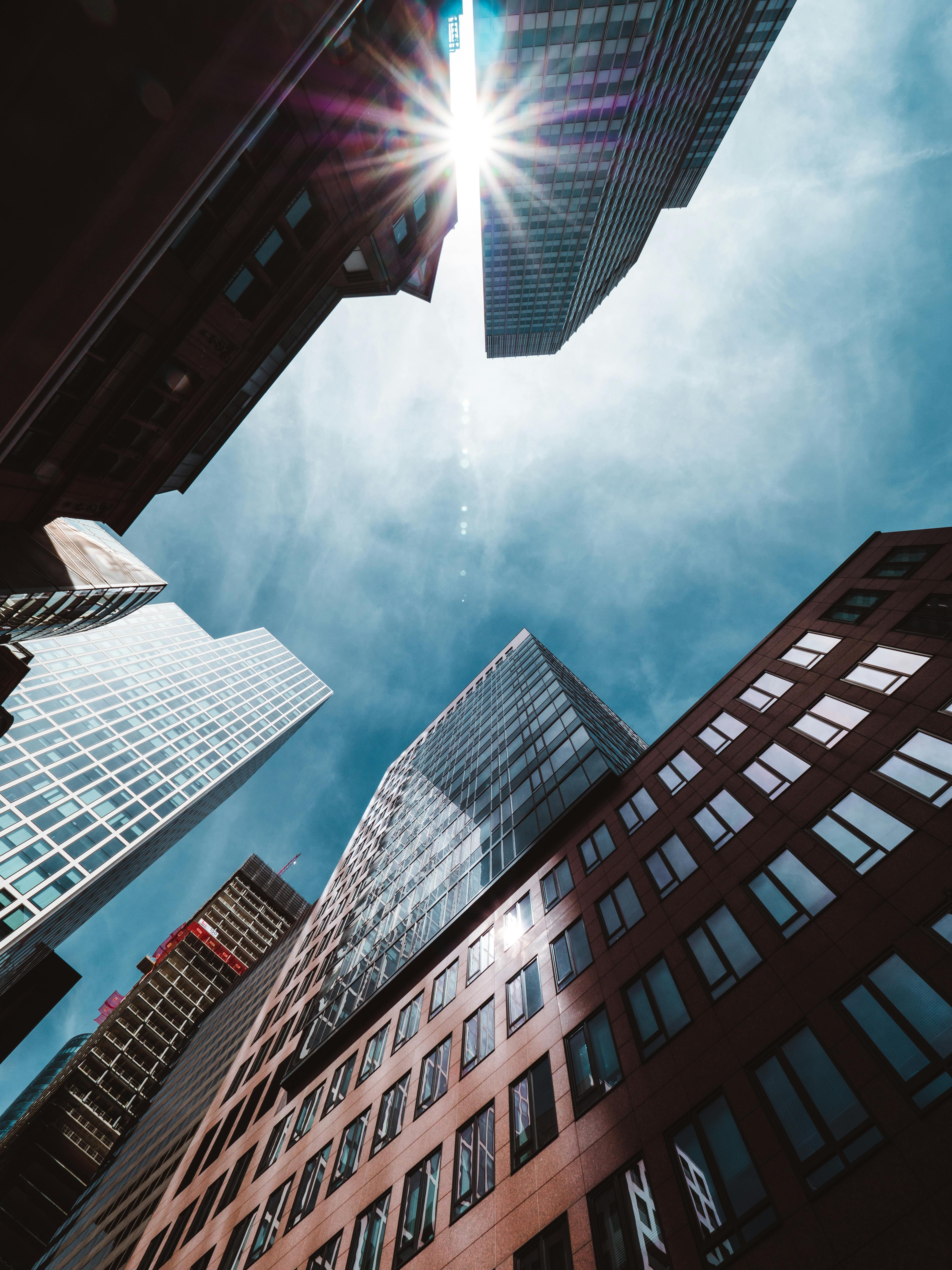 从低视角戏剧性地捕捉法兰克福充满阳光的摩天大楼城市建筑