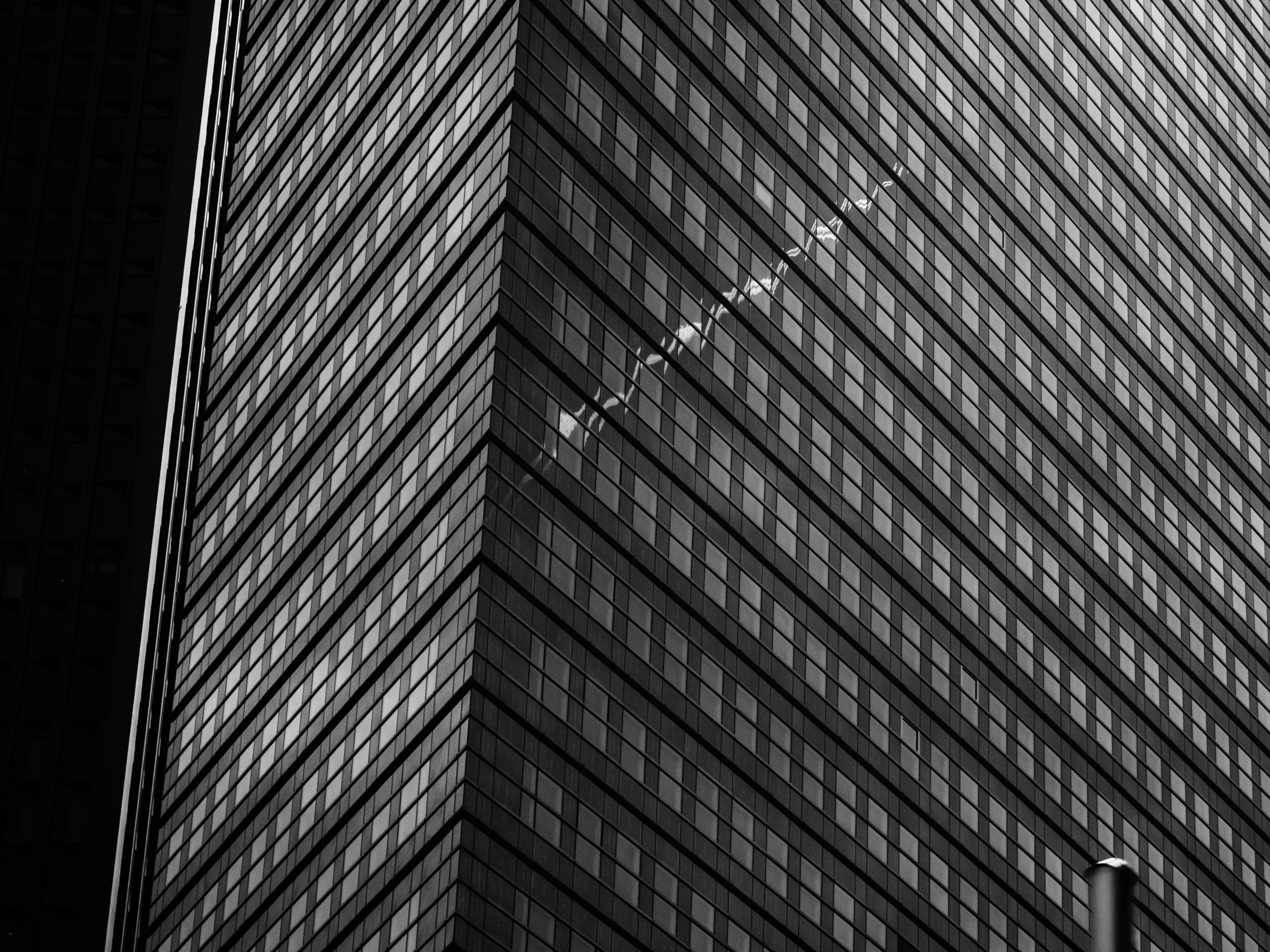 一张德国法兰克福当代摩天大楼的黑白照片，其外墙为玻璃幕墙