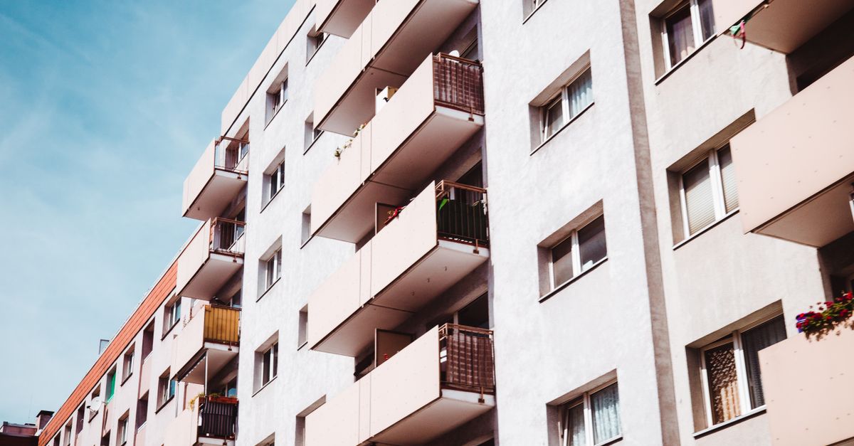 Contemporary apartment building with balconies in an urban setting, Frankfurt am Main.