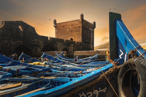Boats Moored in the Sqala Du Port, a Defensive Tower in Essaouira, Morocco