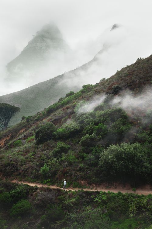 Free Scenic view of a fog-covered mountain with a winding path in Cape Town, South Africa. Stock Photo